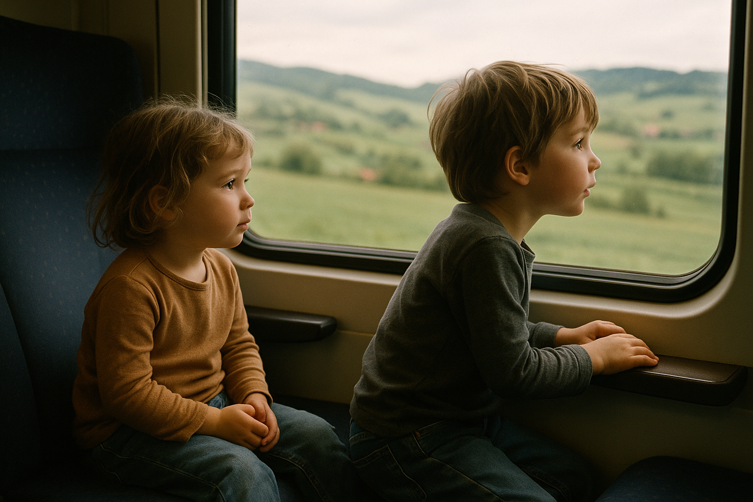 Kinder schauen aus dem Zugfenster