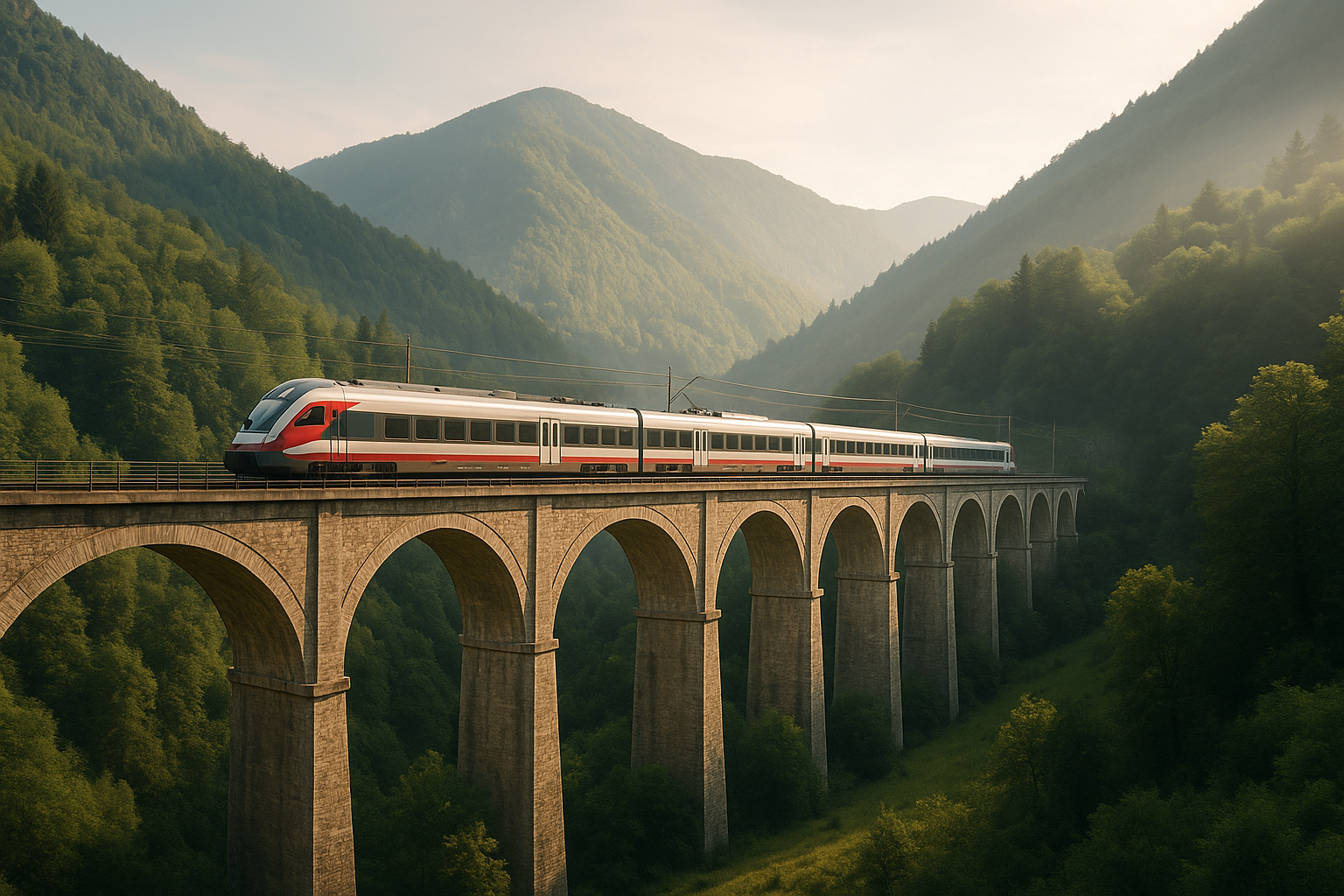 Europäischer Zug auf einem Viadukt in den Bergen